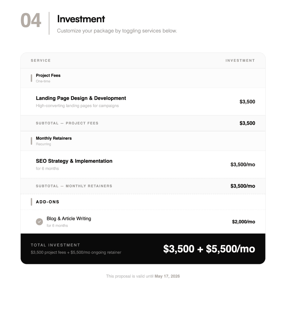 Marketing proposal investment section with mixed retainer and project pricing